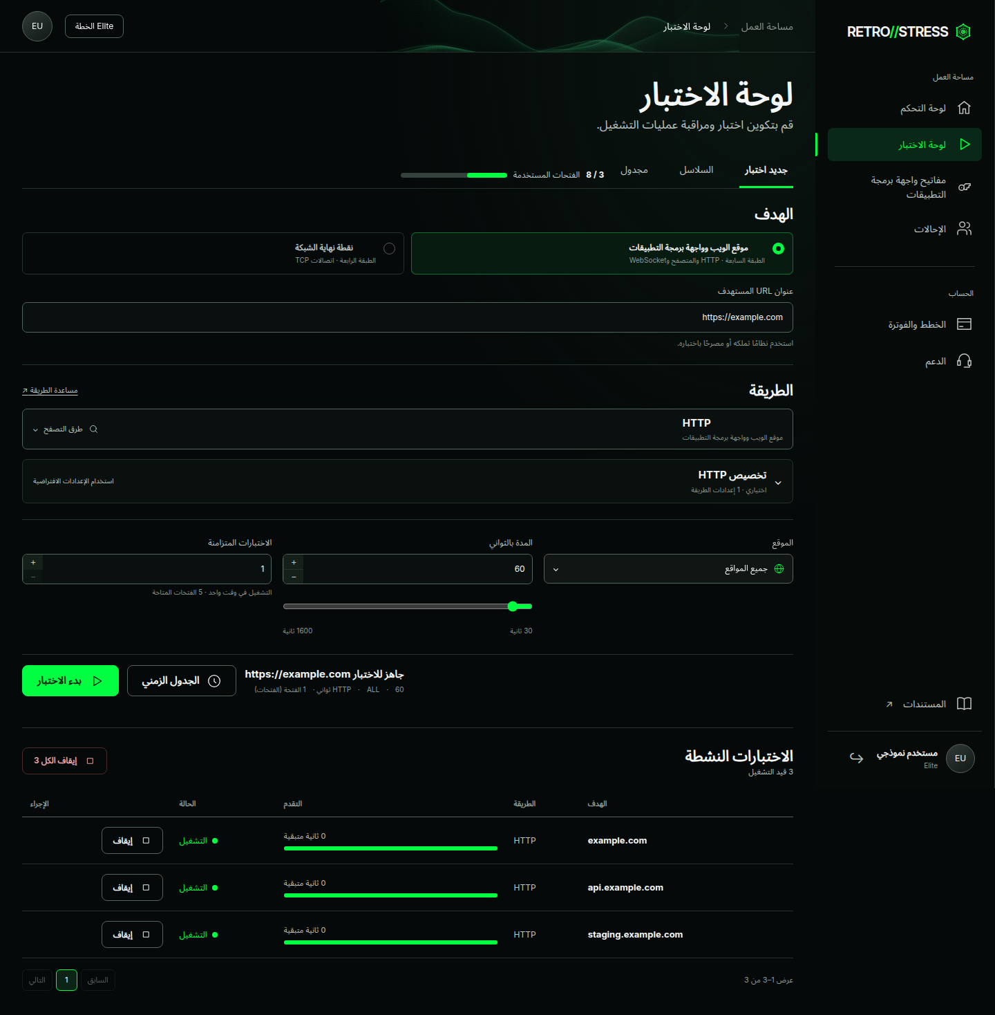 لوحة اختبار RETROSTRESS مع عينة بيانات: التنقل في مساحة العمل، واختيار الهدف والطريقة، وإعدادات الاختبار.